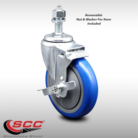 Service Caster 5 Inch SS Blue Polyurethane Wheel Swivel 1/2 Inch Threaded Stem Caster with Brake SCC-SSTS20S514-PPUB-BLUE-TLB-121315